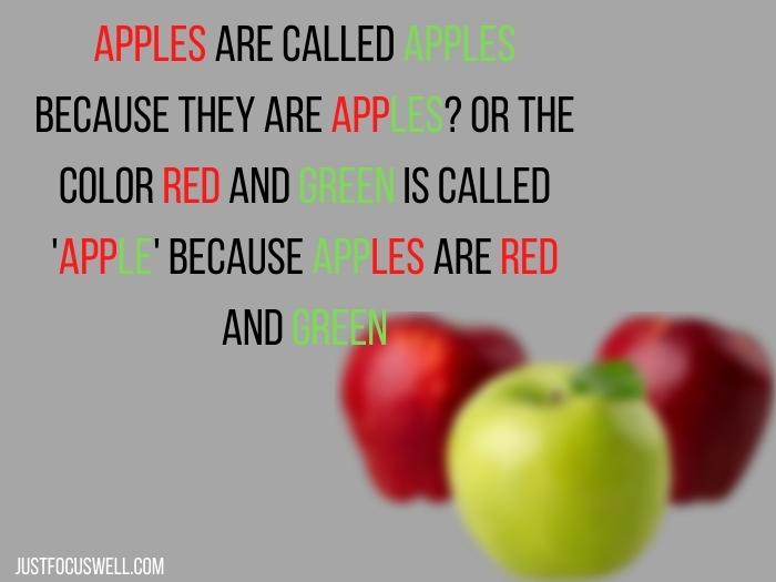 Apples are called apples because they are apples? Or the color red and green is called 'apple' because apples are red and green